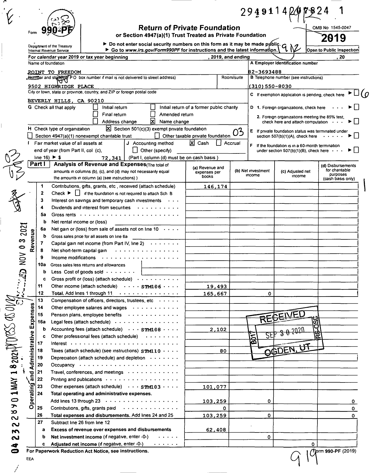 Image of first page of 2019 Form 990PF for Point To Freedom