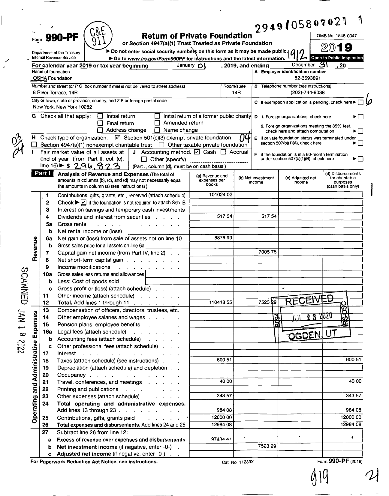 Image of first page of 2019 Form 990PF for Osha Foundation