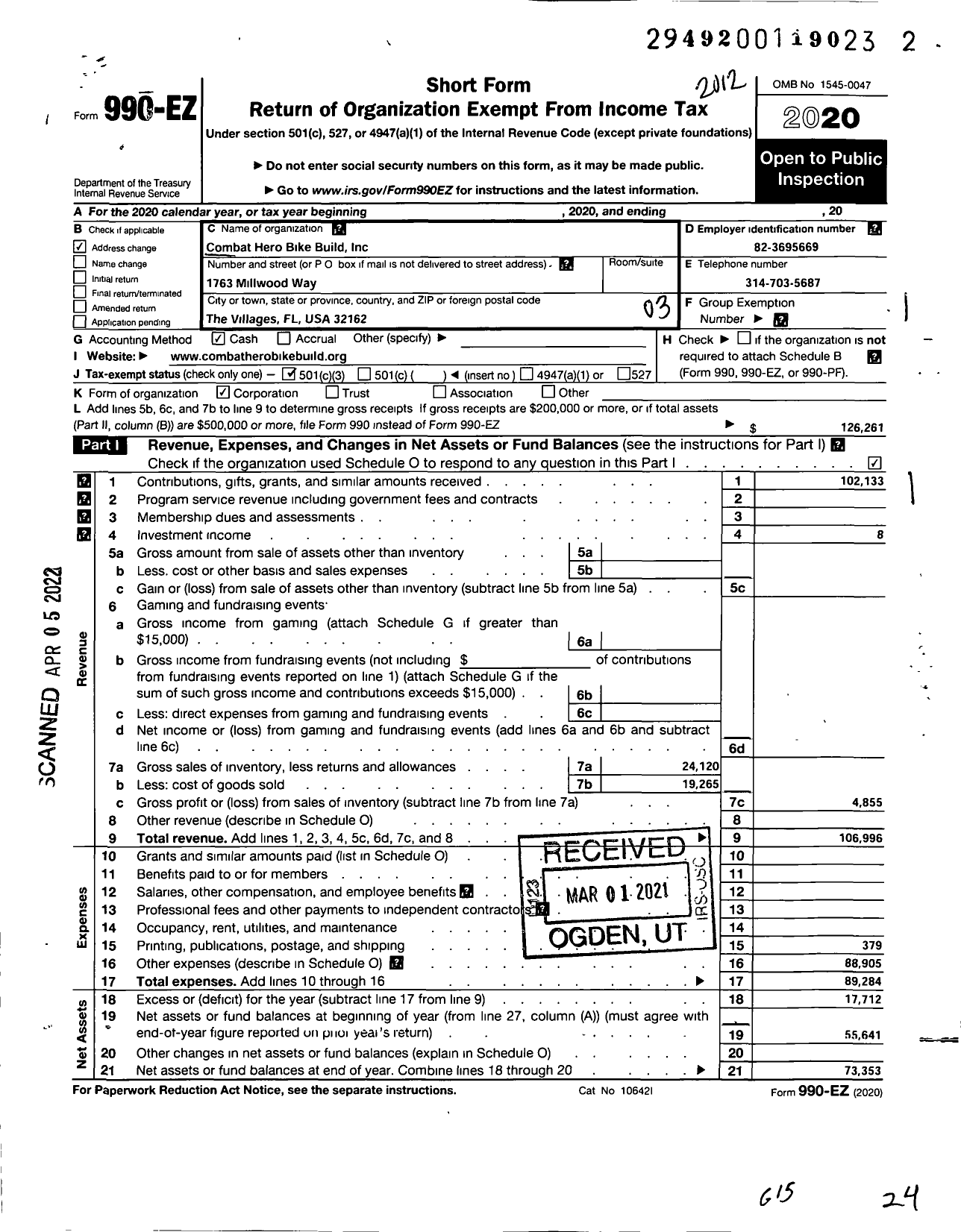 Image of first page of 2020 Form 990EZ for Combat Hero Bike Build