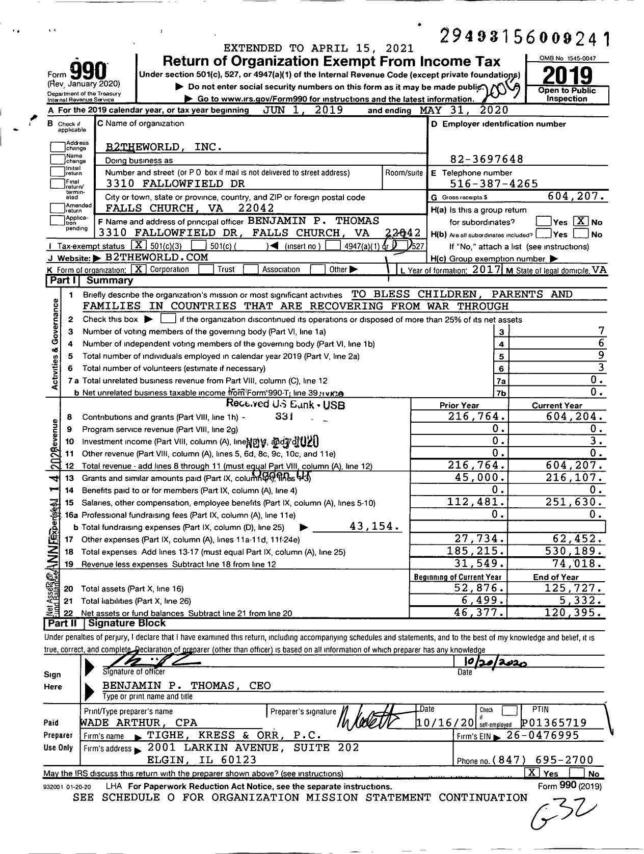 Image of first page of 2019 Form 990 for B2theworld