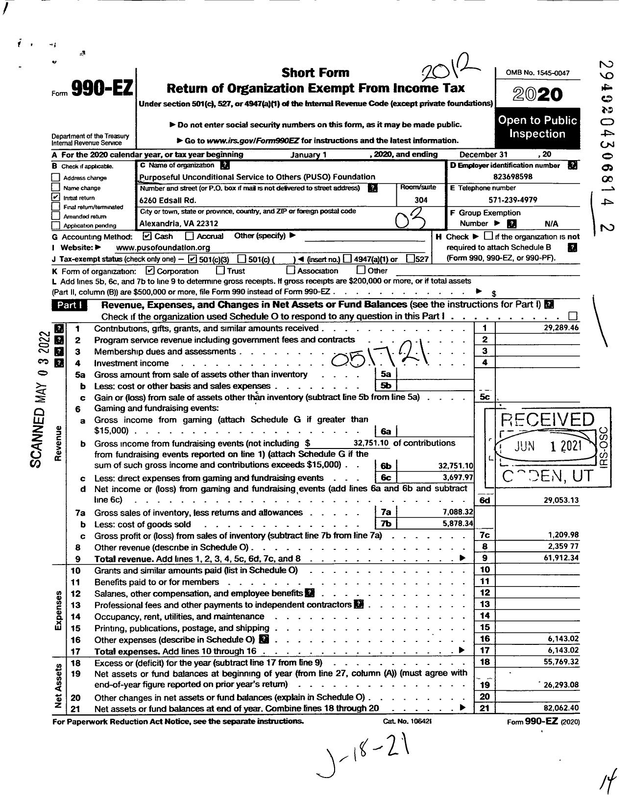 Image of first page of 2020 Form 990EZ for Purposeful Unconditional Service To Others Foundation