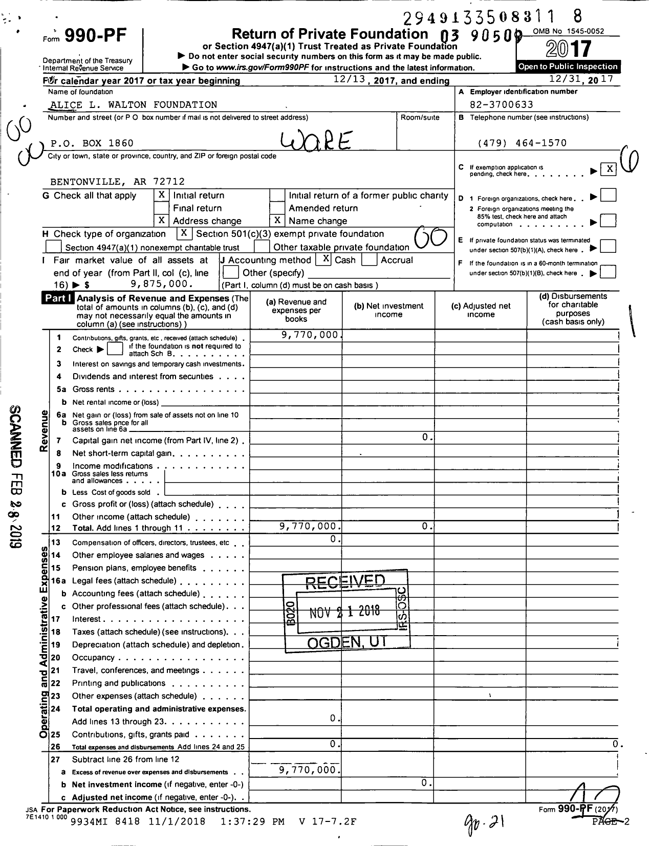 Image of first page of 2017 Form 990PF for Alice L Walton Foundation