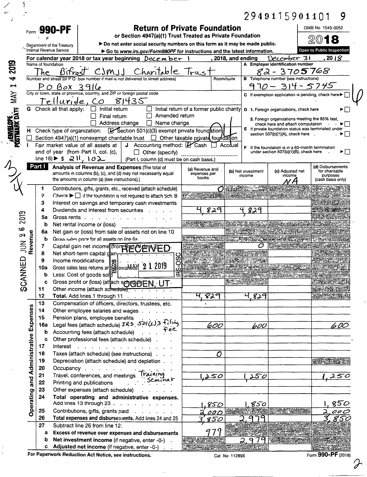 Image of first page of 2018 Form 990PF for The Bifrost CJMJJ Charitable Trust