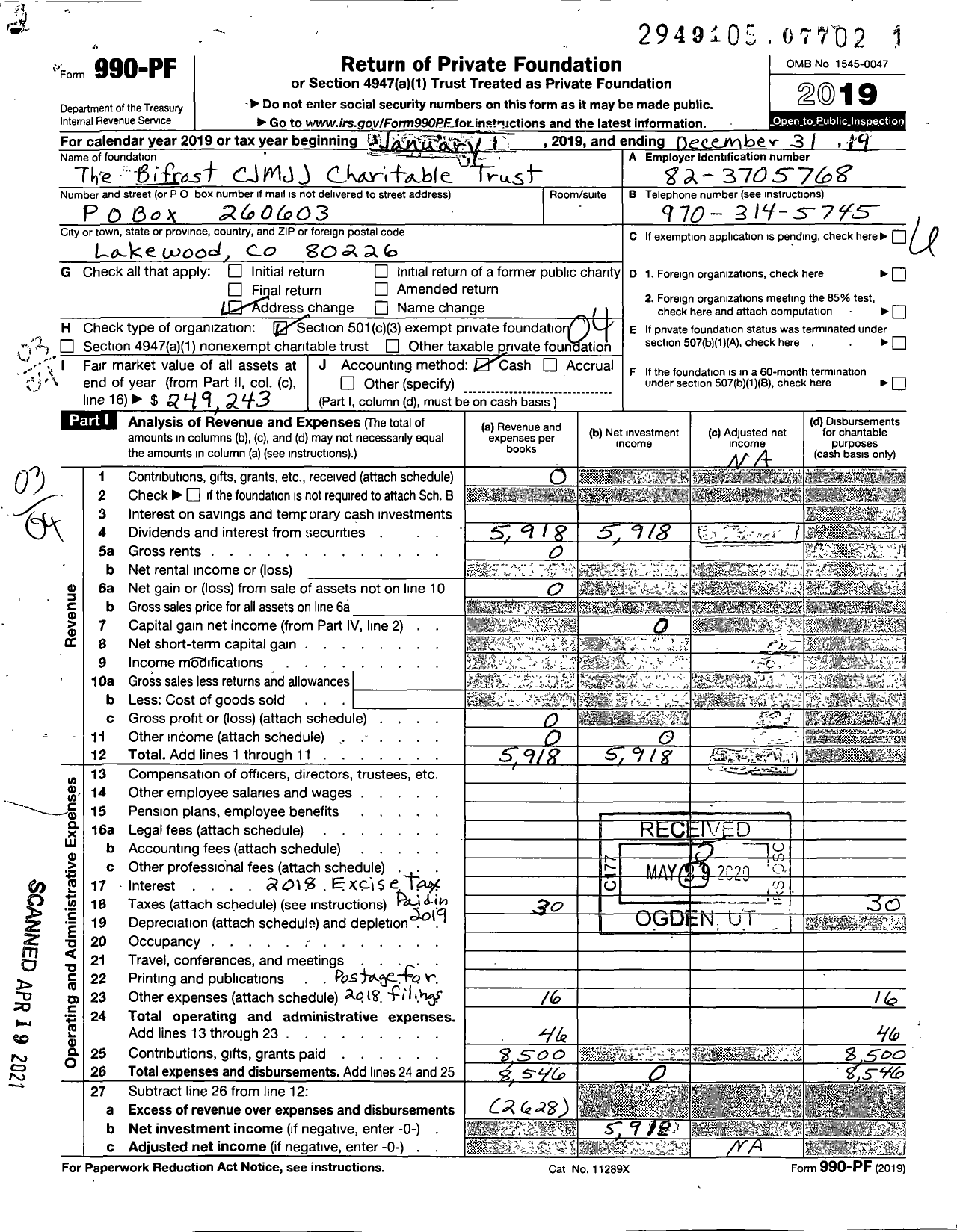 Image of first page of 2019 Form 990PF for The Bifrost CJMJJ Charitable Trust