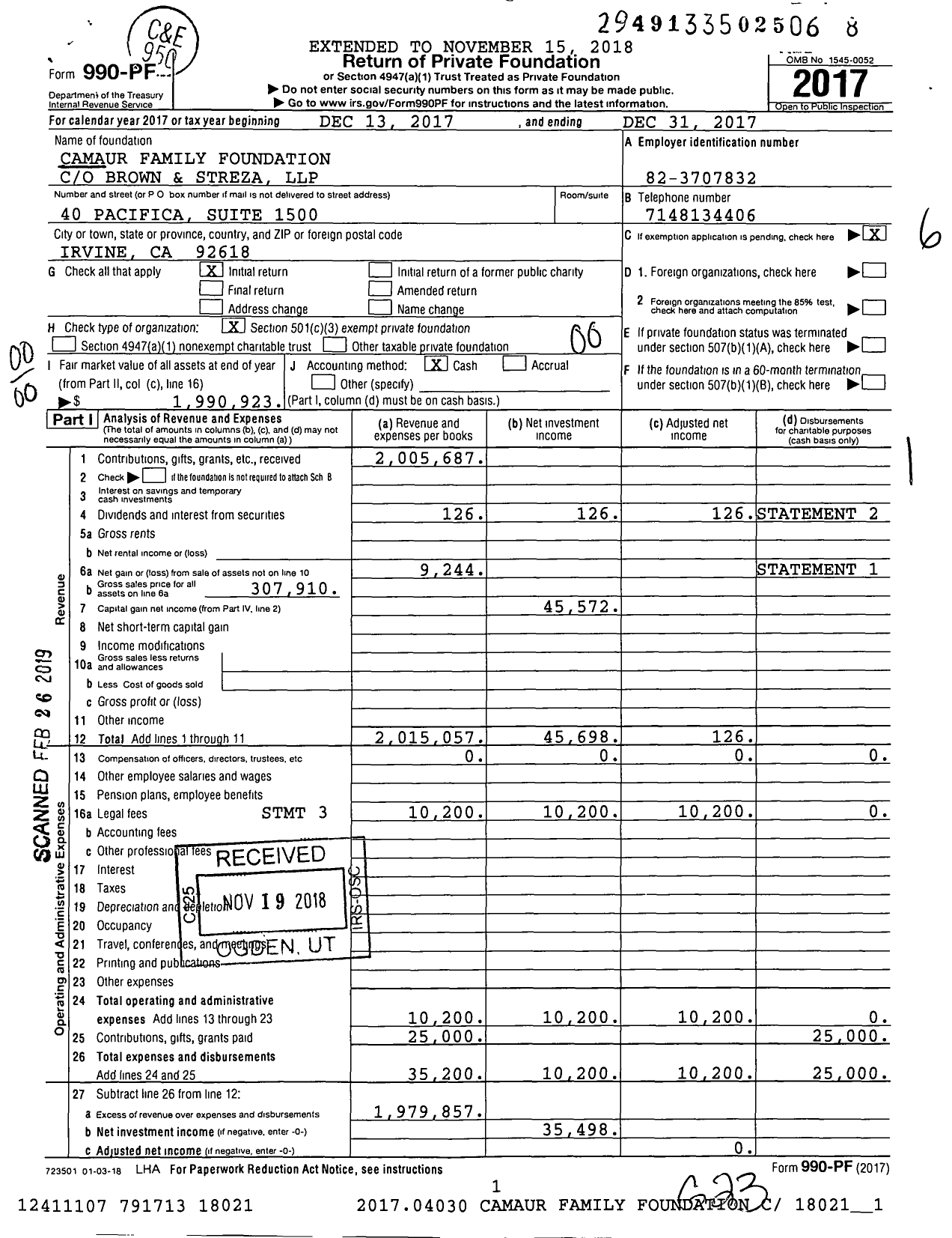 Image of first page of 2017 Form 990PF for Camaur Family Foundation