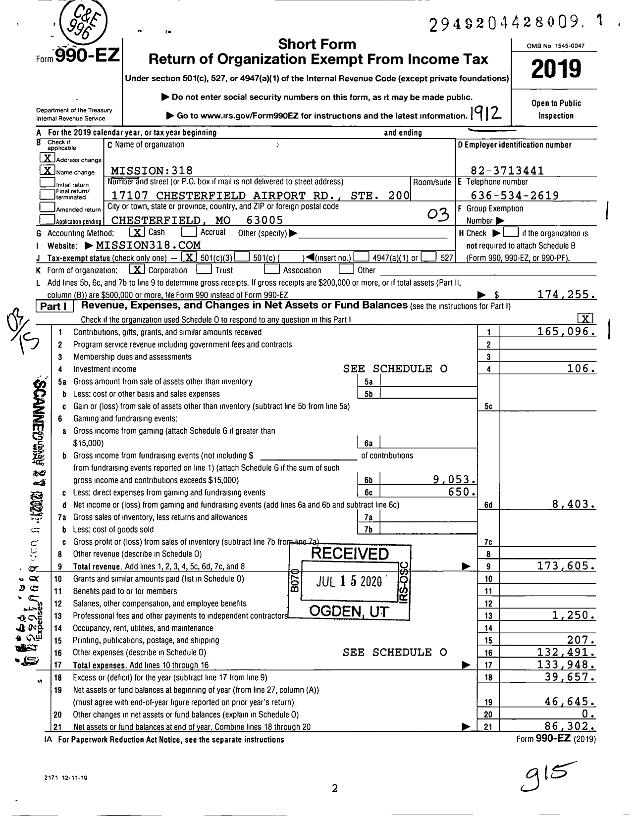 Image of first page of 2019 Form 990EZ for Mission318