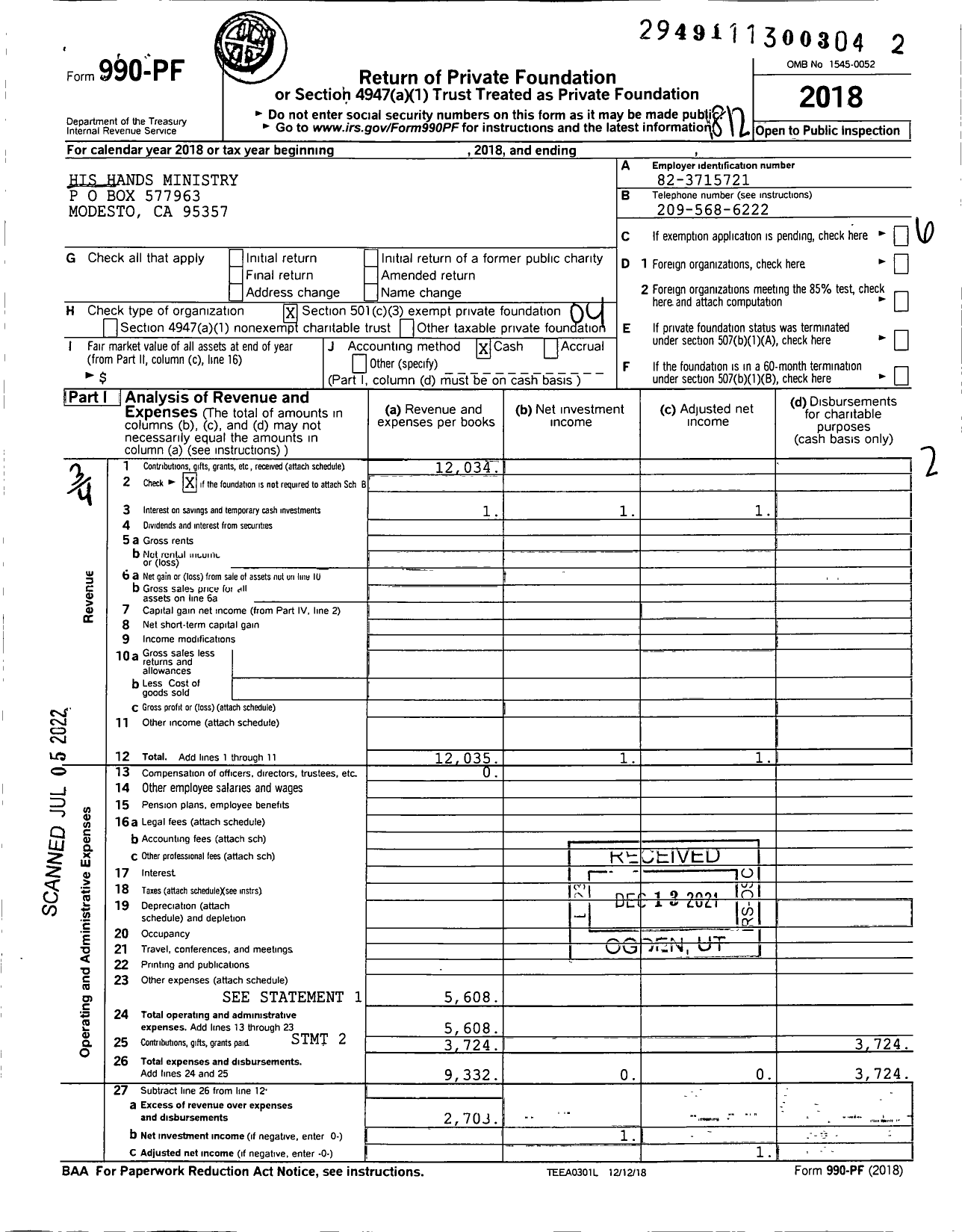 Image of first page of 2018 Form 990PF for His Hands Ministry