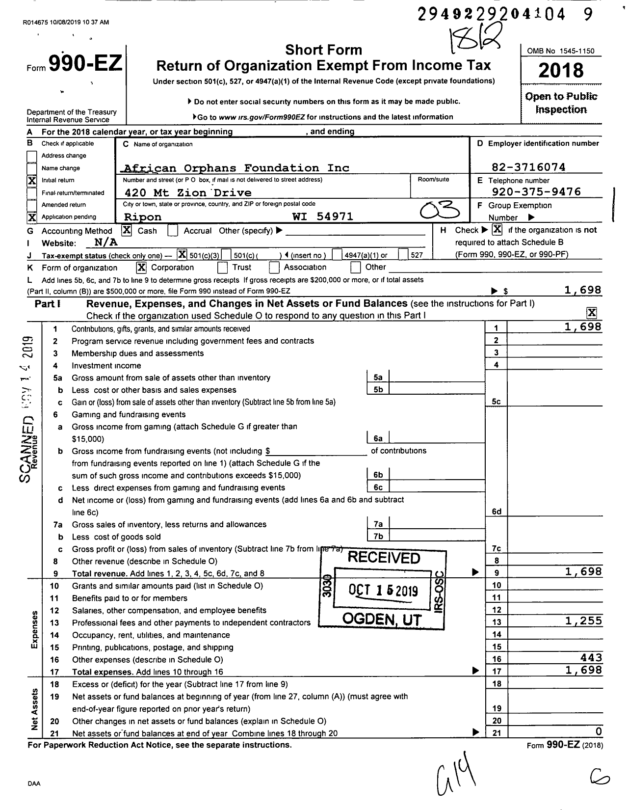 Image of first page of 2018 Form 990EZ for African Orphans Foundation