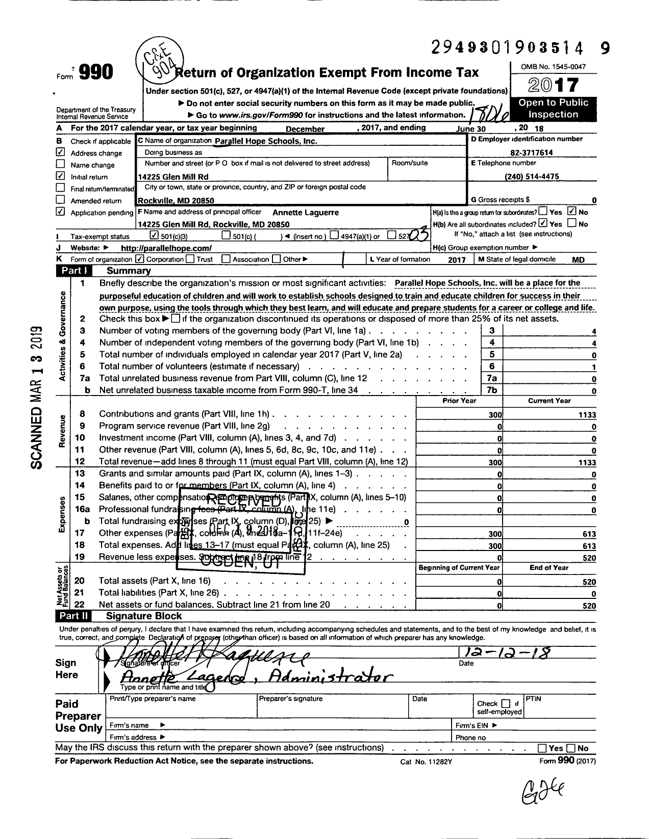 Image of first page of 2017 Form 990 for Parallel Hope Schools