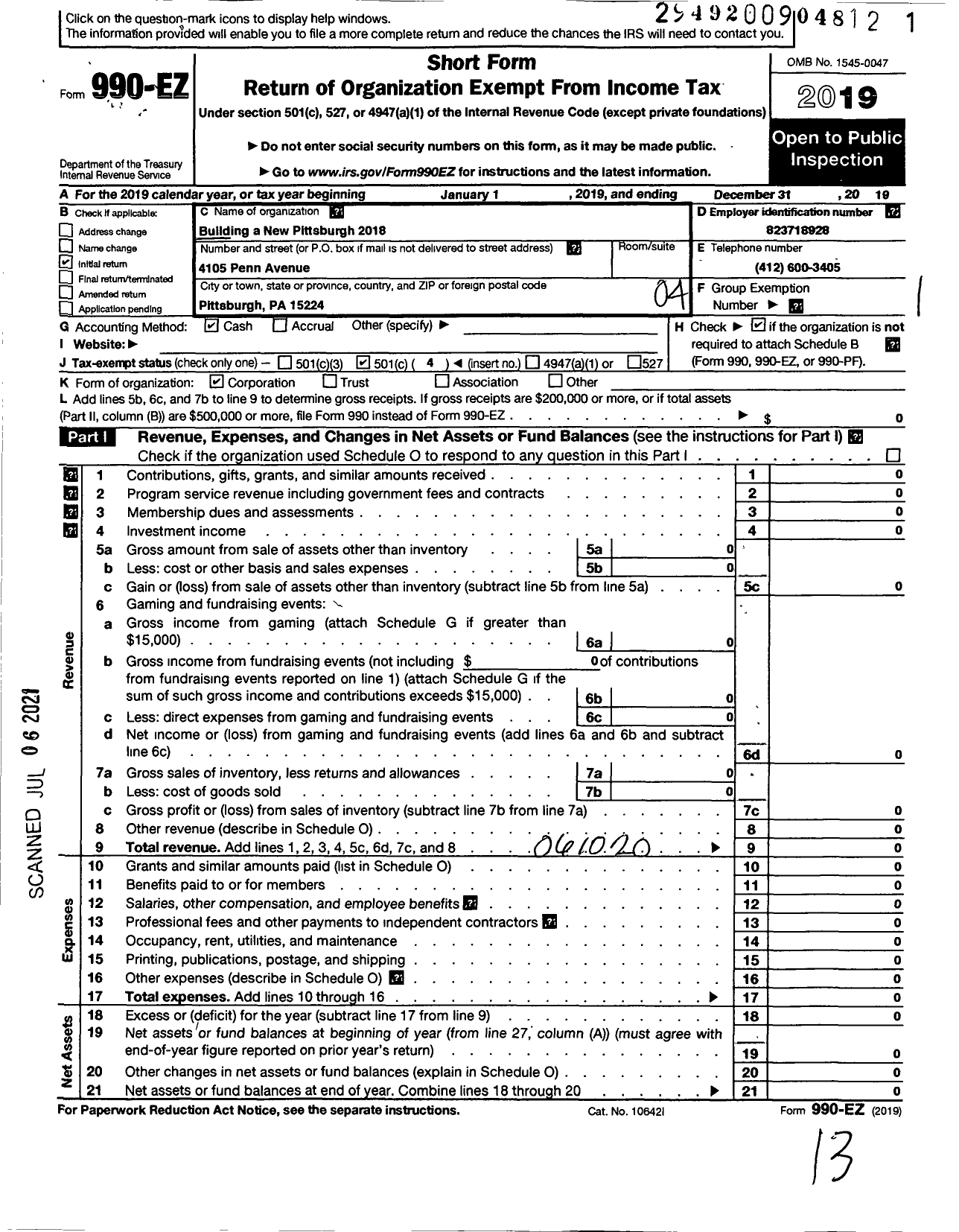 Image of first page of 2019 Form 990EO for Building A New Pittsburgh 2018