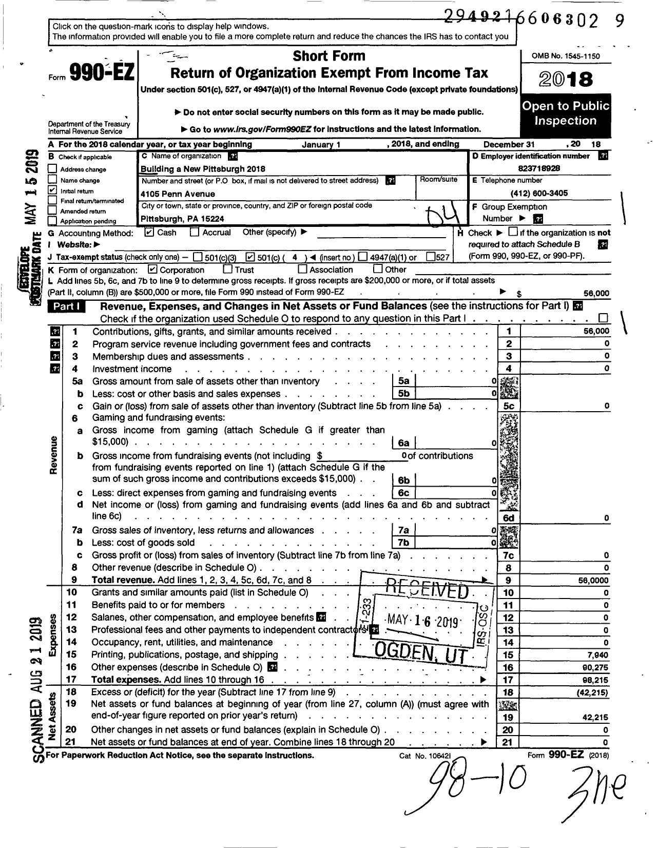 Image of first page of 2018 Form 990EO for Building A New Pittsburgh 2018