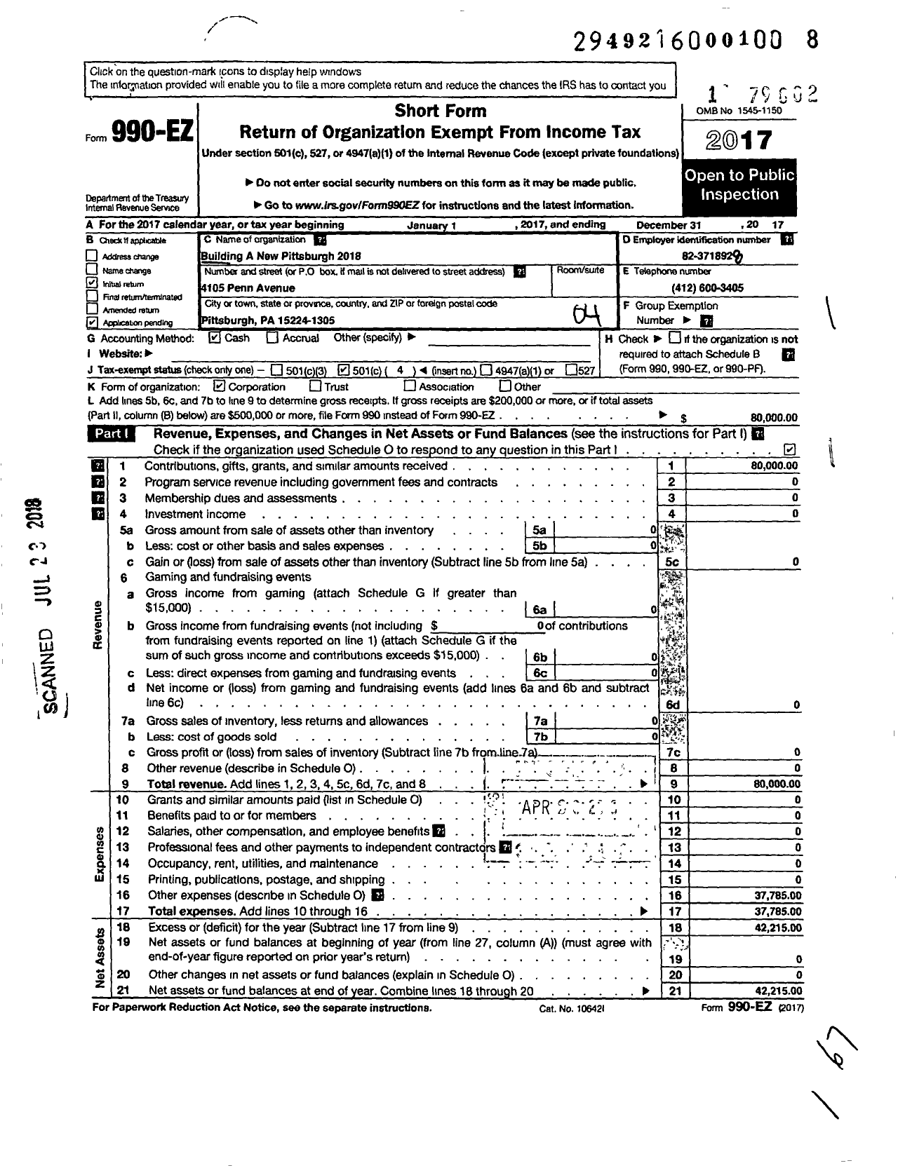 Image of first page of 2017 Form 990EO for Building A New Pittsburgh 2018