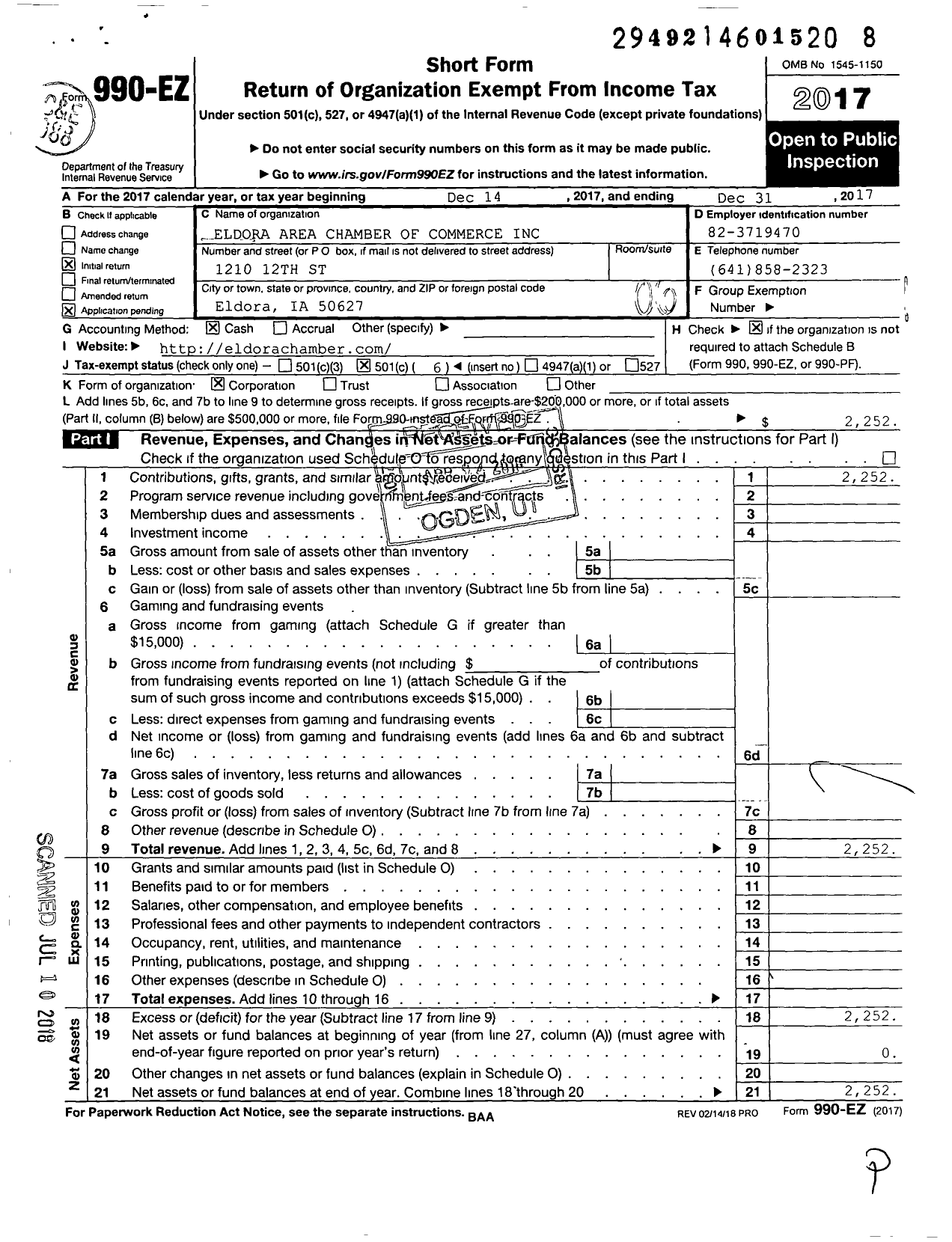 Image of first page of 2017 Form 990EO for Eldora Area Chamber of Commerce