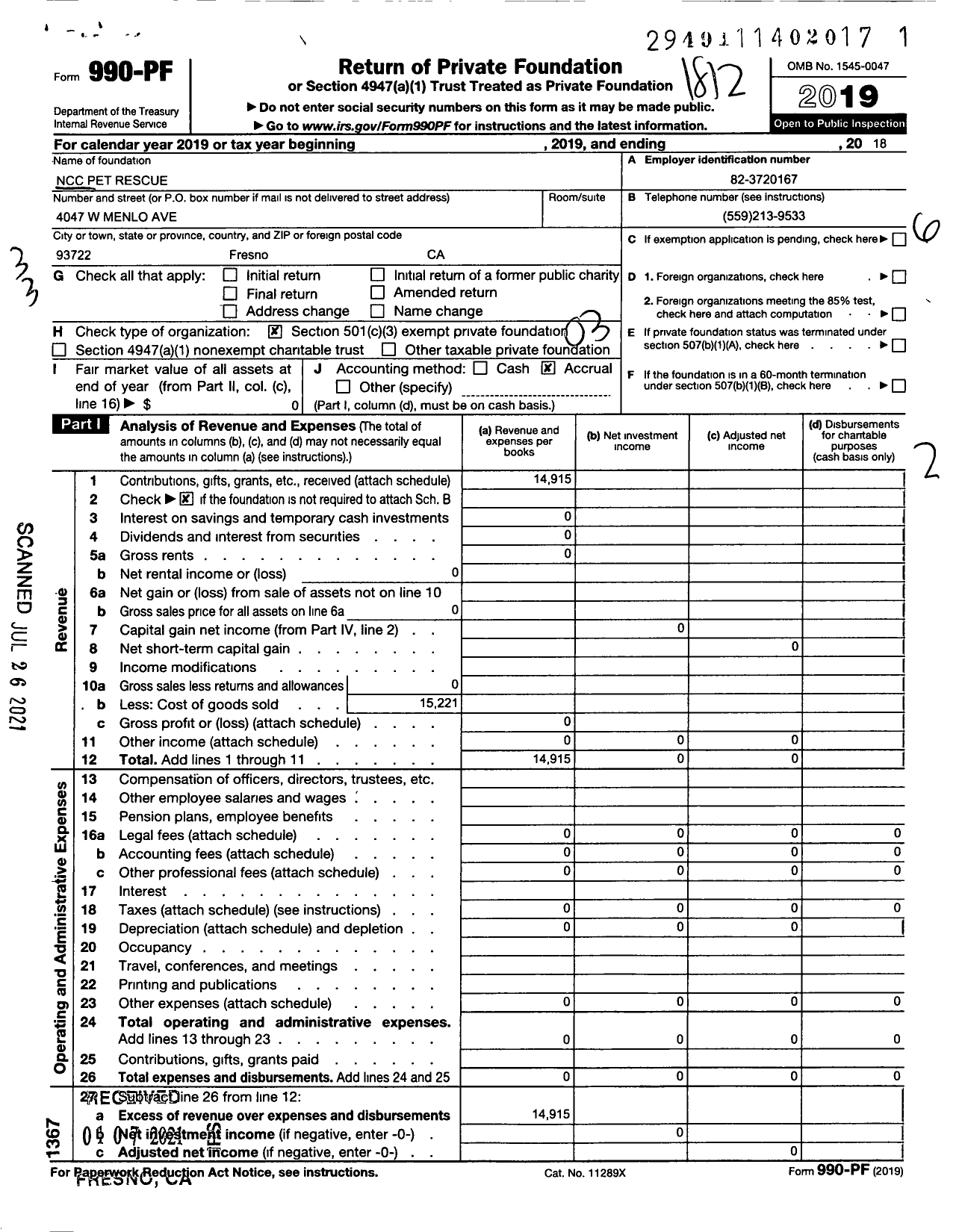 Image of first page of 2018 Form 990PF for NCC Pet Rescue