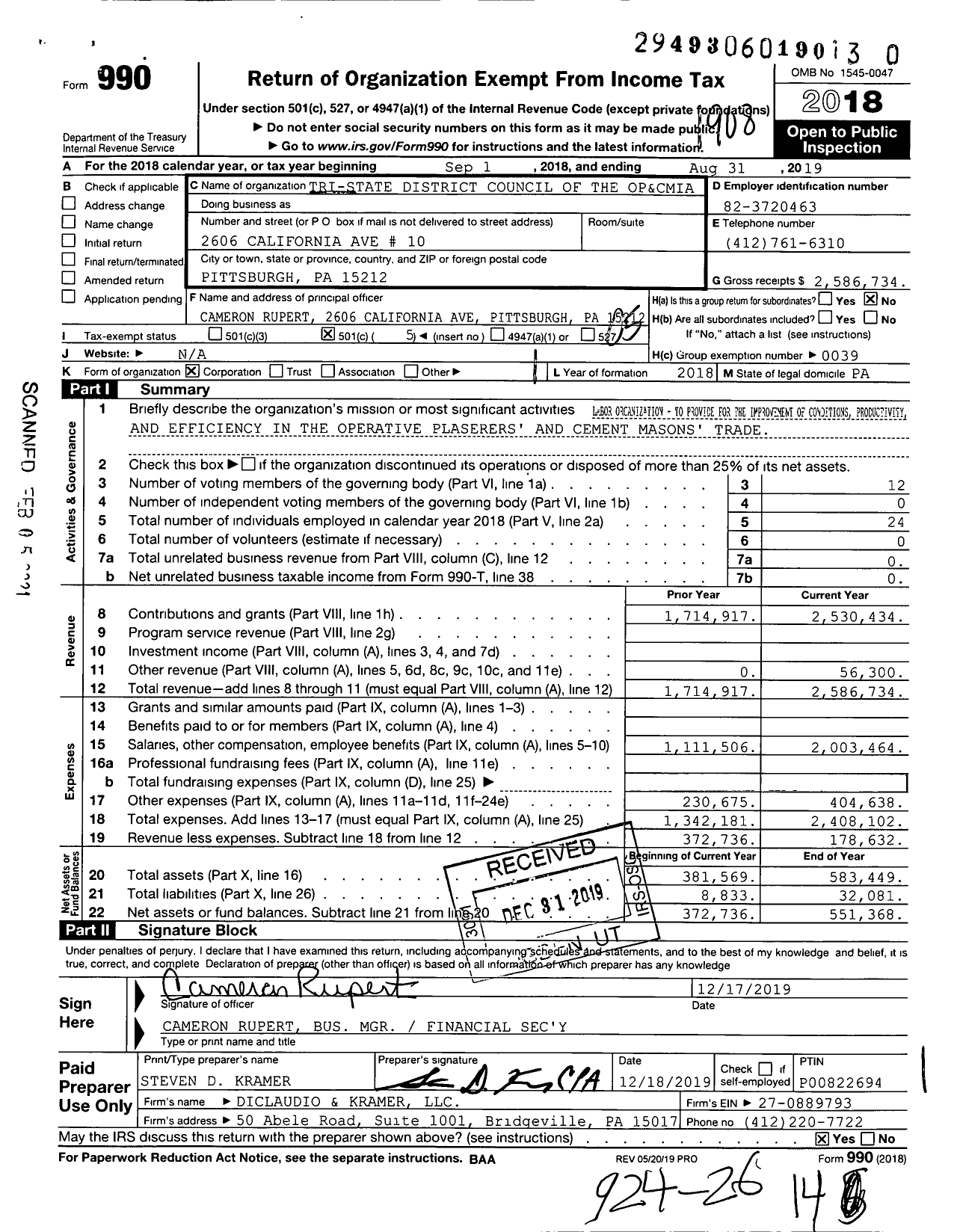 Image of first page of 2018 Form 990O for Operative Plasterers' and Cement Masons' International Association - Tri-State District Council