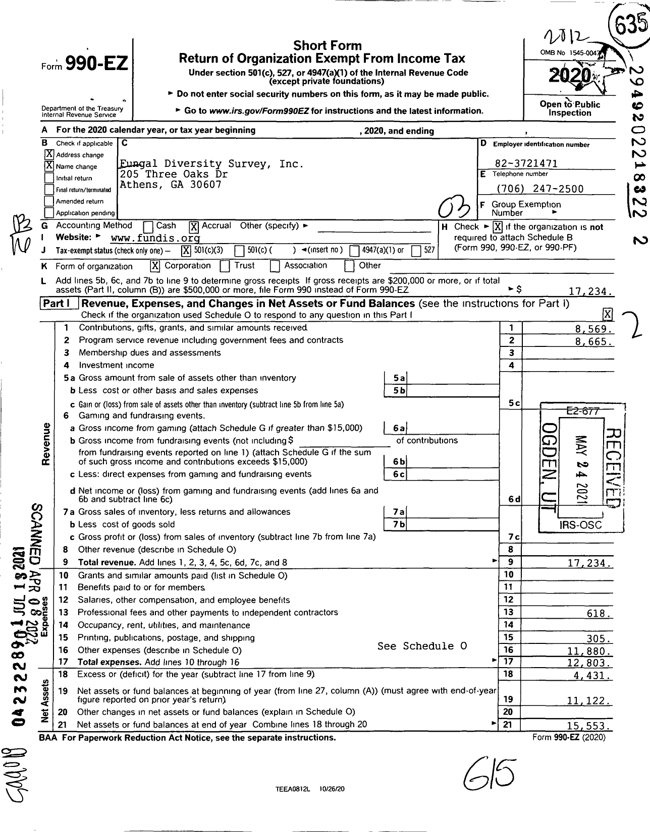 Image of first page of 2020 Form 990EZ for Fungal Diversity Survey