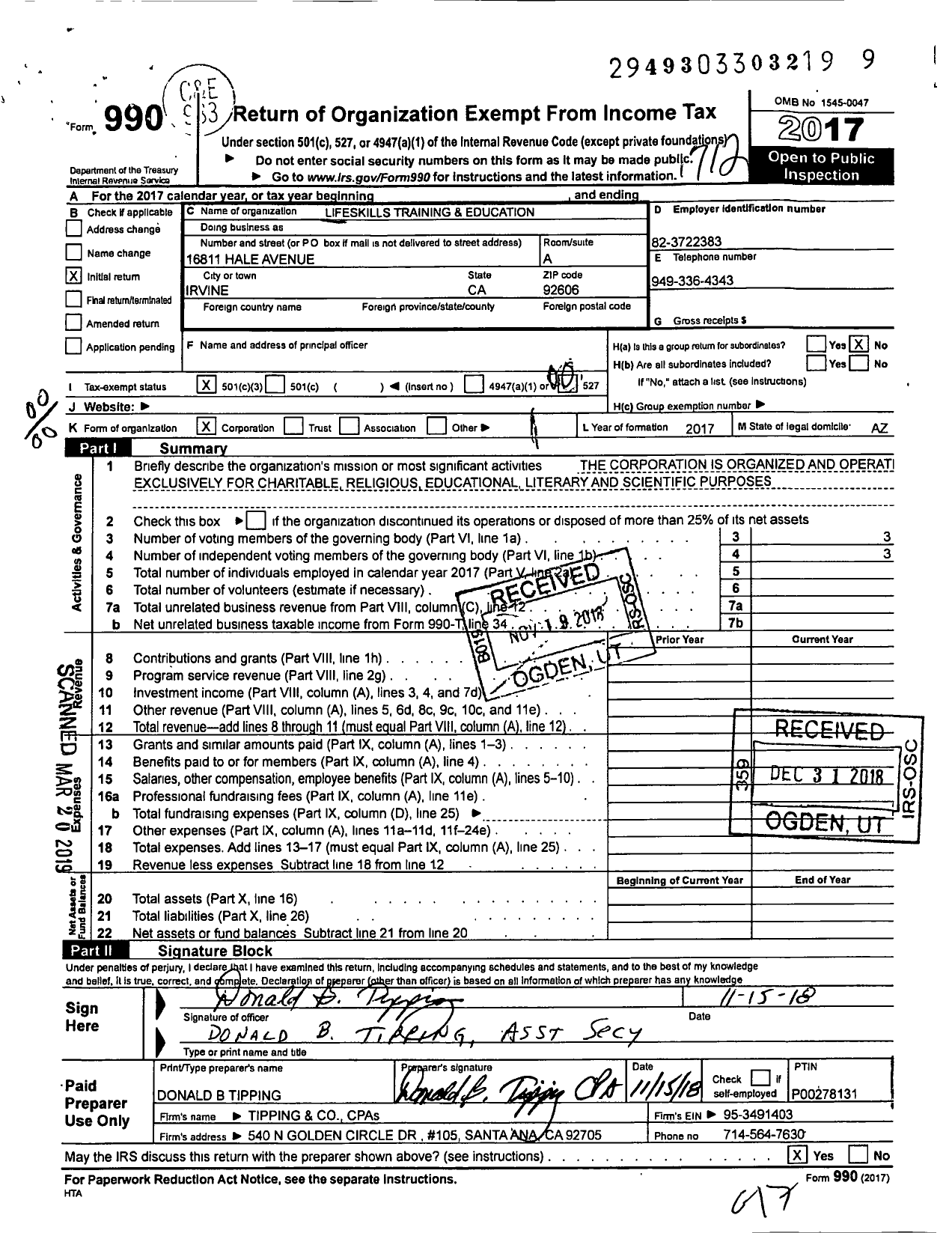 Image of first page of 2017 Form 990O for Lifeskills Training and Education