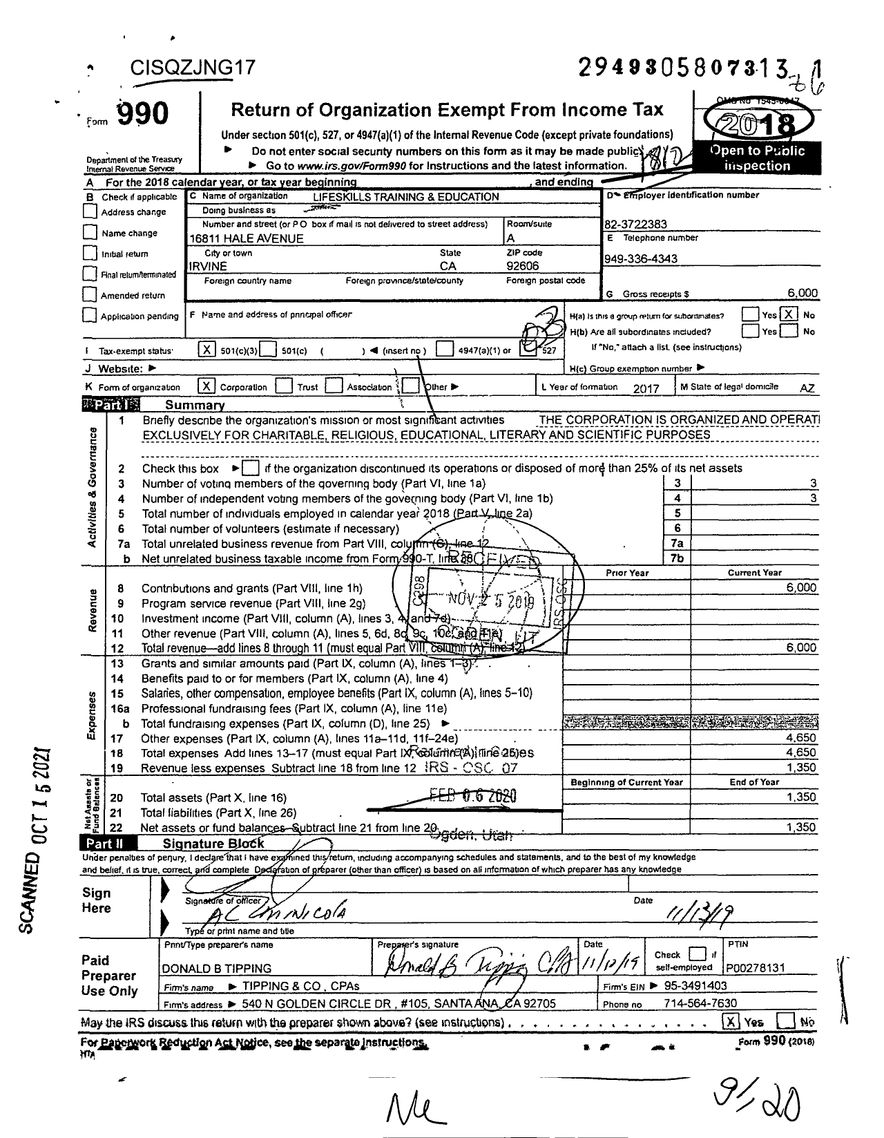 Image of first page of 2018 Form 990 for Lifeskills Training and Education