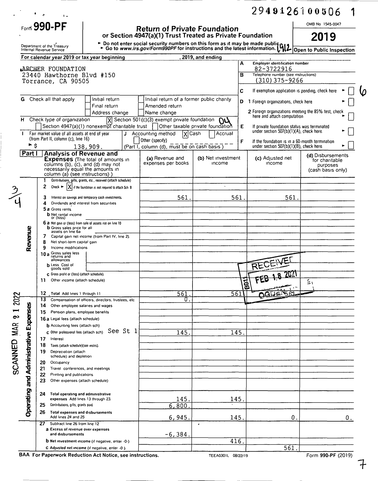 Image of first page of 2019 Form 990PF for Archer Foundation