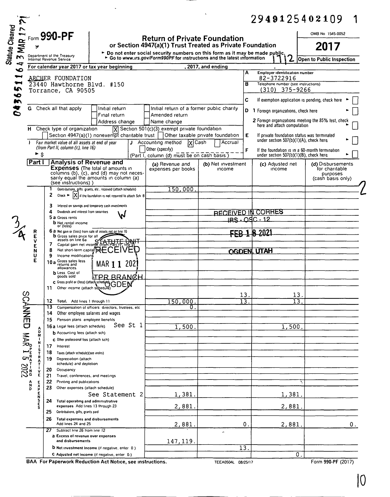 Image of first page of 2017 Form 990PF for Archer Foundation