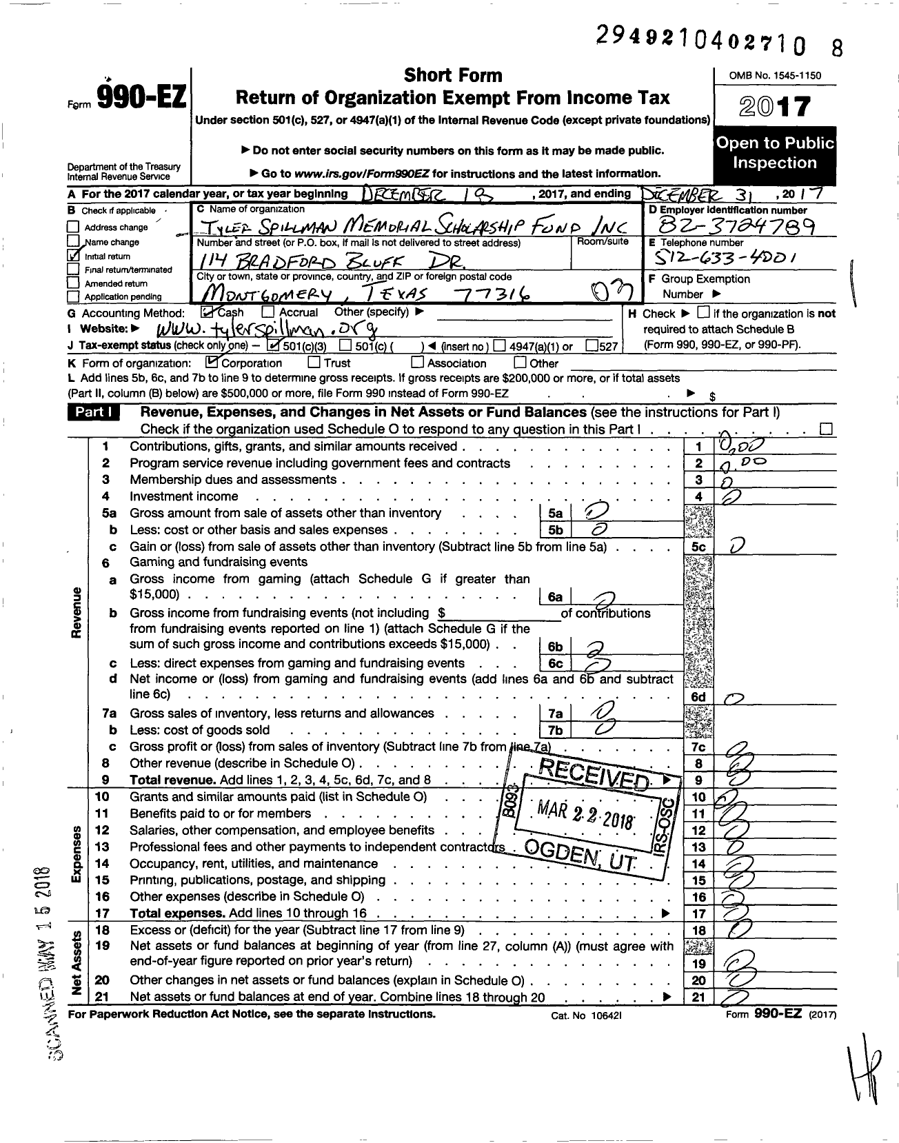 Image of first page of 2017 Form 990EZ for Tyler Spillman Memorial Scholarship Fund