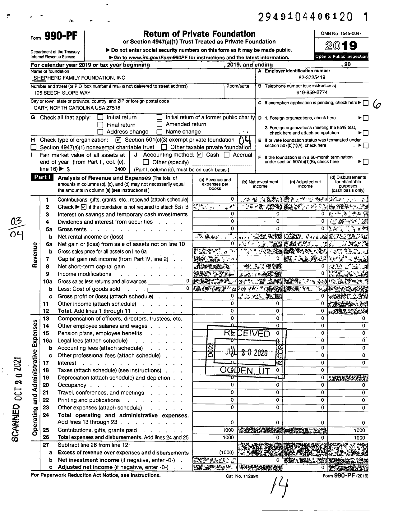 Image of first page of 2019 Form 990PF for Shepherd Family Foundation