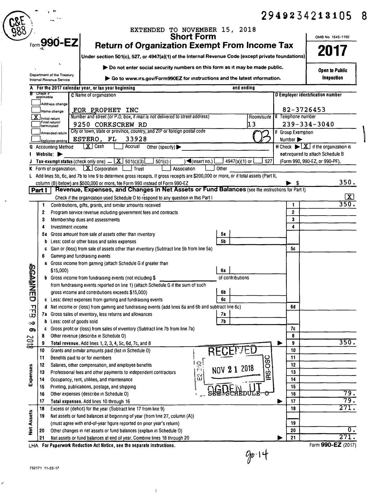 Image of first page of 2017 Form 990EZ for For Prophet