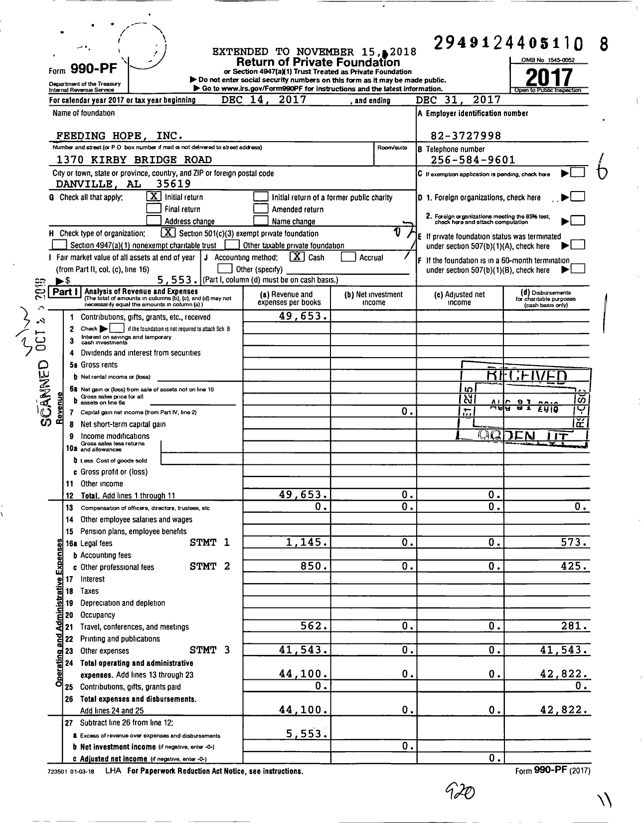 Image of first page of 2017 Form 990PF for Feeding Hope