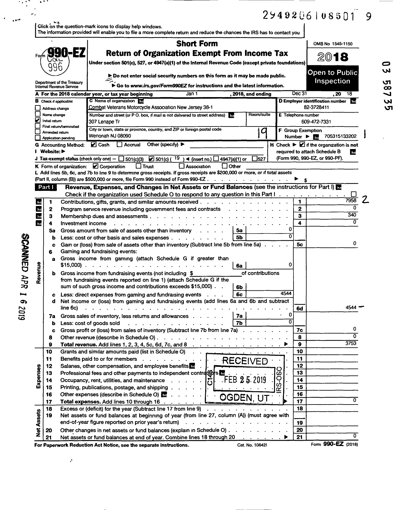 Image of first page of 2018 Form 990EO for Combat Veterans Motorcycle Association New Jersey 38-1 Jersey