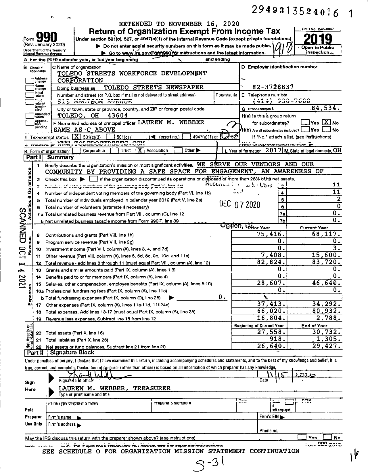 Image of first page of 2019 Form 990 for Toledo Streets Newspaper / Toledo Streets Workforce Development Corporation