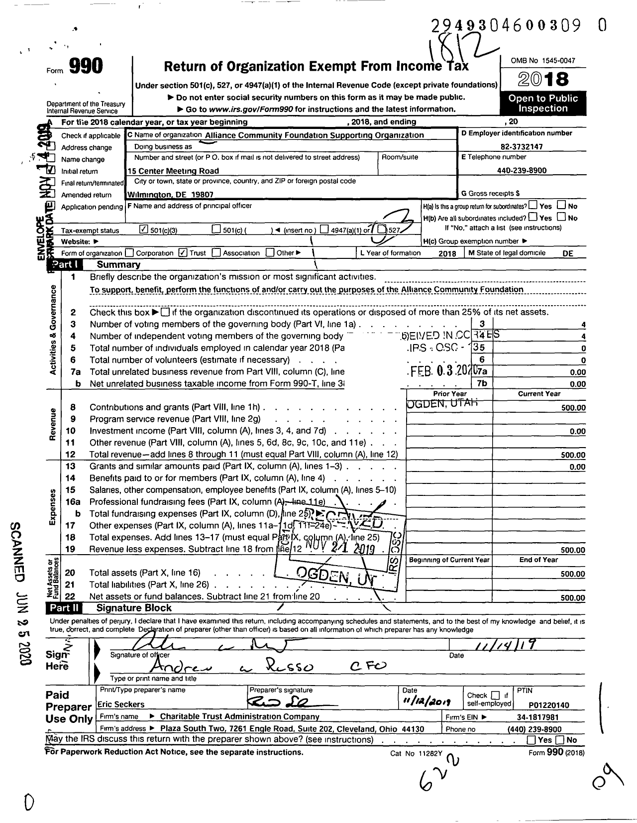 Image of first page of 2018 Form 990 for Alliance Community Foundation Supporting Organization