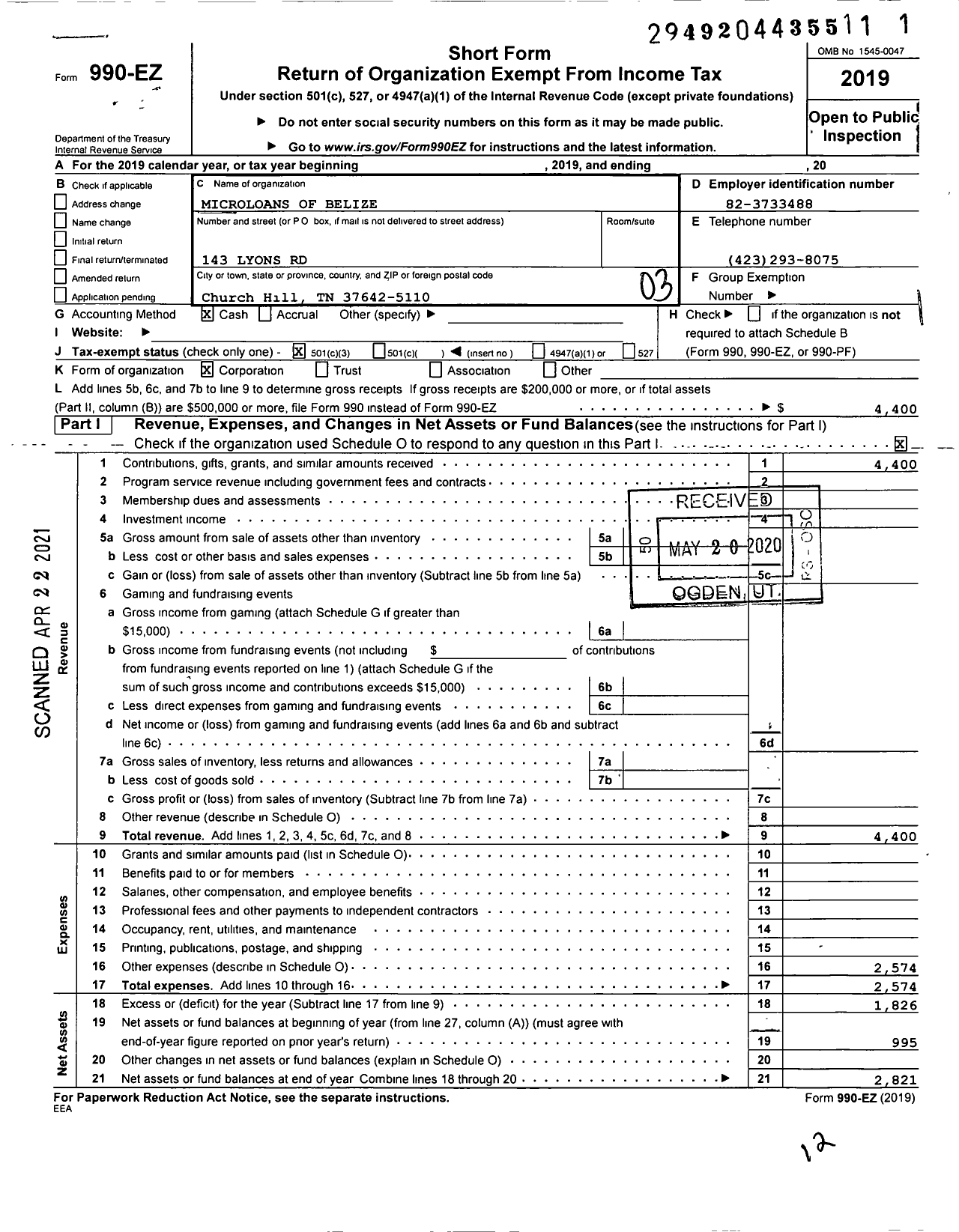 Image of first page of 2019 Form 990EZ for Microloans of Belize