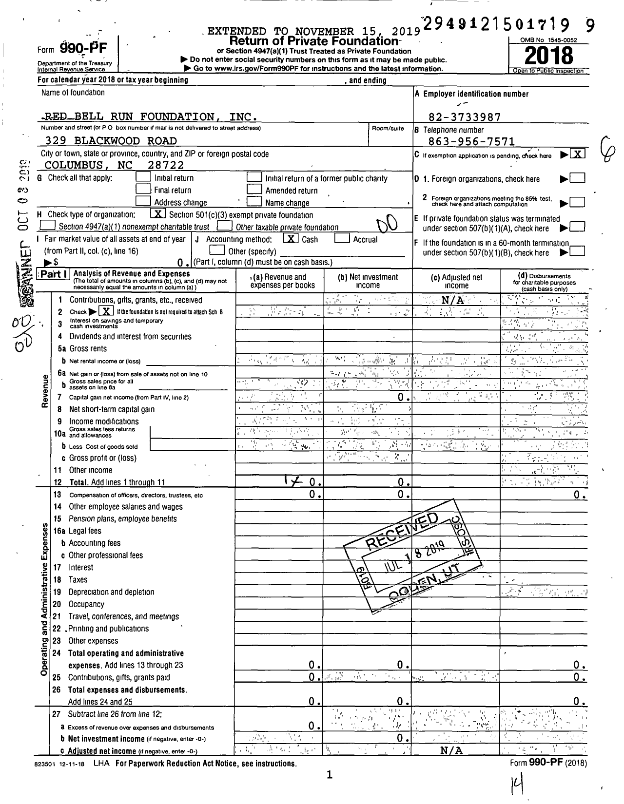 Image of first page of 2018 Form 990PF for Red Bell Run Foundation