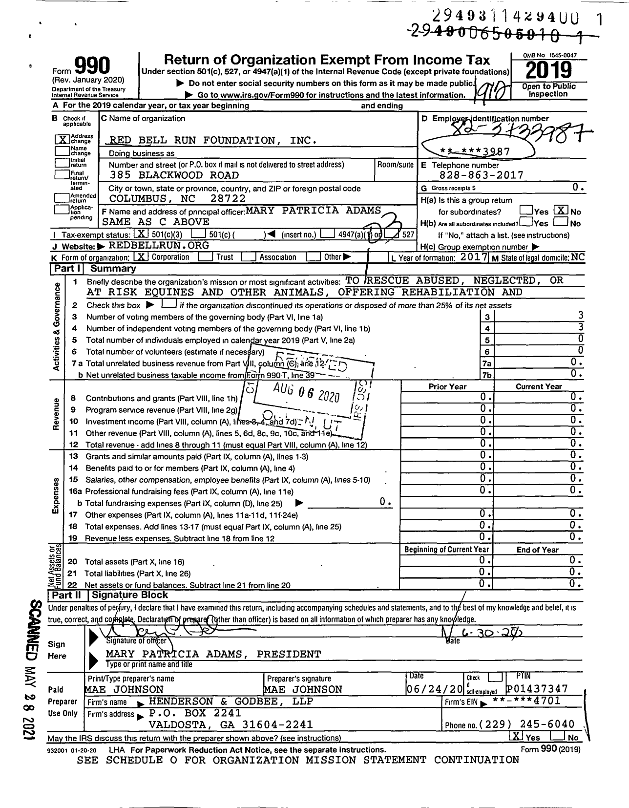 Image of first page of 2019 Form 990 for Red Bell Run Foundation
