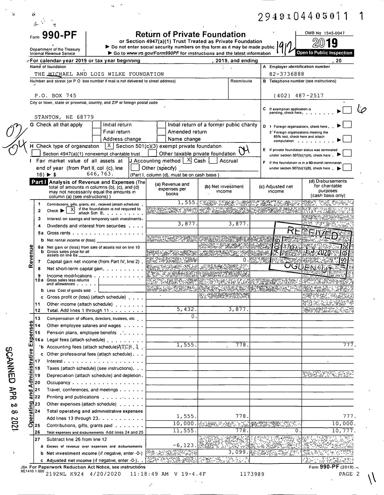 Image of first page of 2019 Form 990PF for The Michael and Lois Wilke Foundation