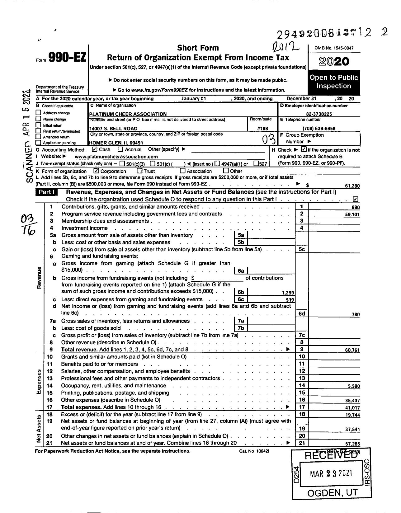 Image of first page of 2020 Form 990EZ for Platinum Cheer Association