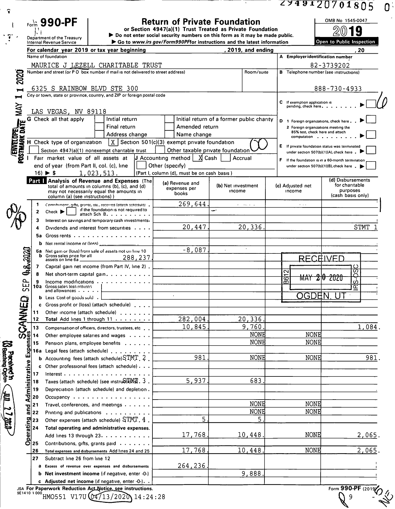 Image of first page of 2019 Form 990PR for Maurice J Lezell Charitable Trust