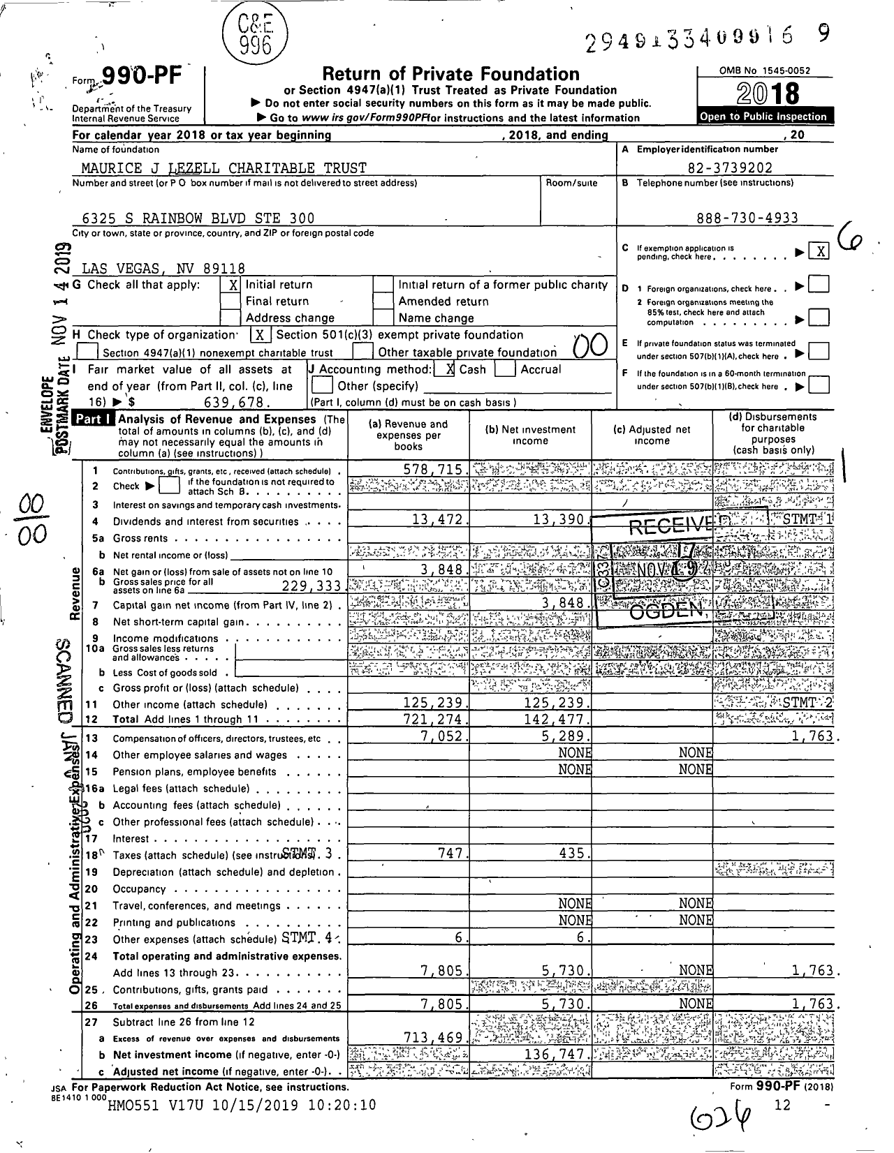 Image of first page of 2018 Form 990PF for Maurice J Lezell Charitable Trust