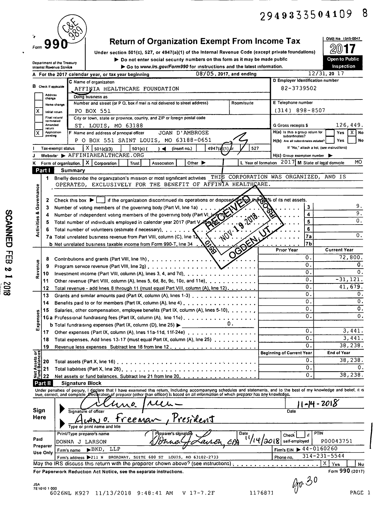 Image of first page of 2017 Form 990 for Affinia Healthcare