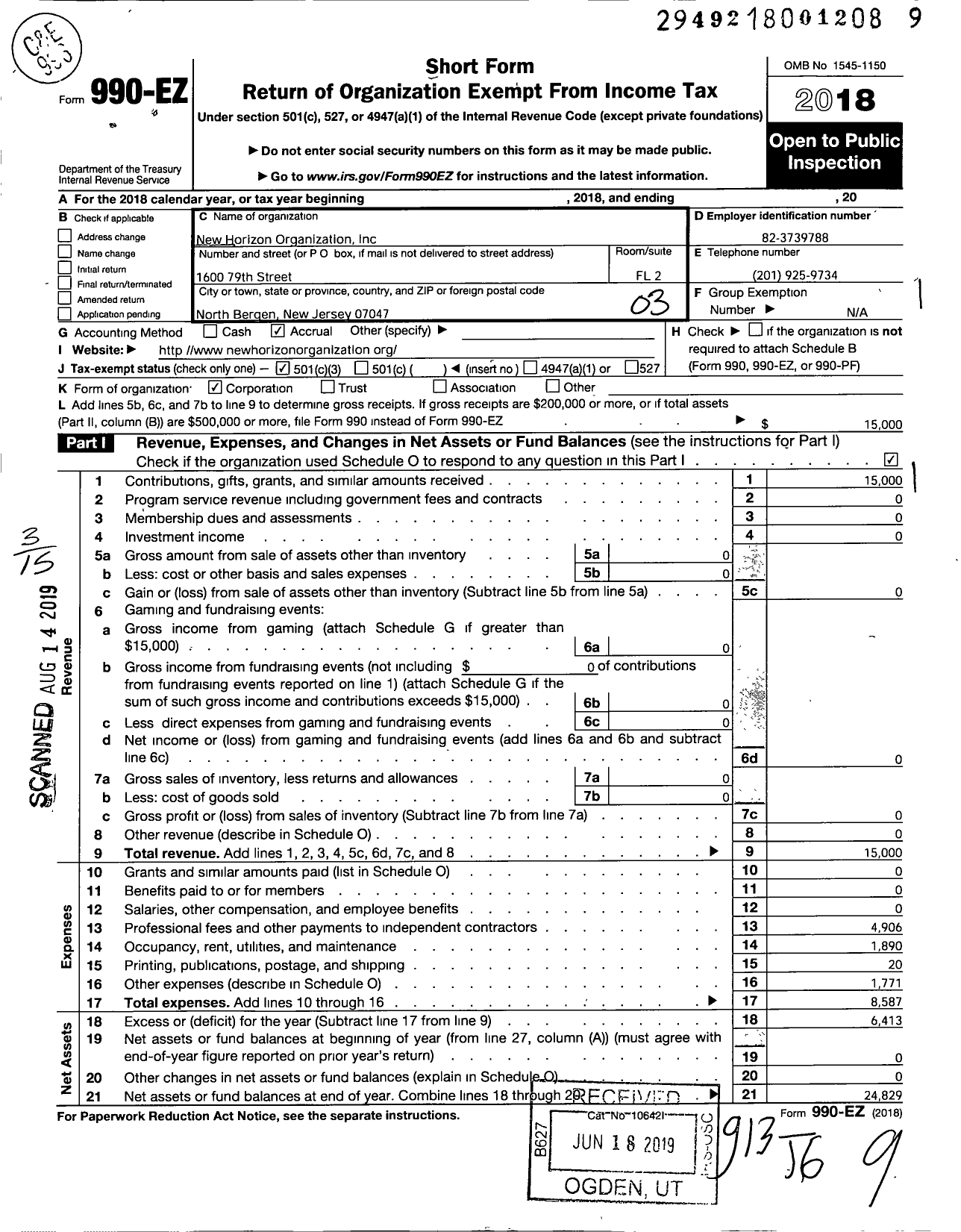 Image of first page of 2018 Form 990EZ for New Horizon Organization