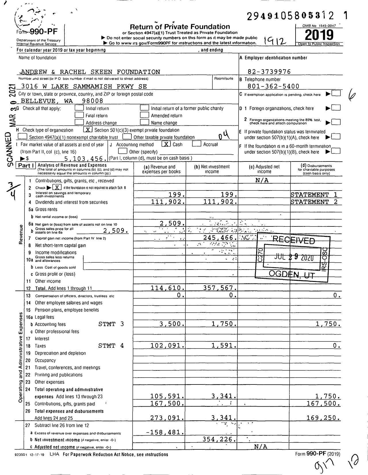 Image of first page of 2019 Form 990PF for Andrew and Rachel Skeen Foundation