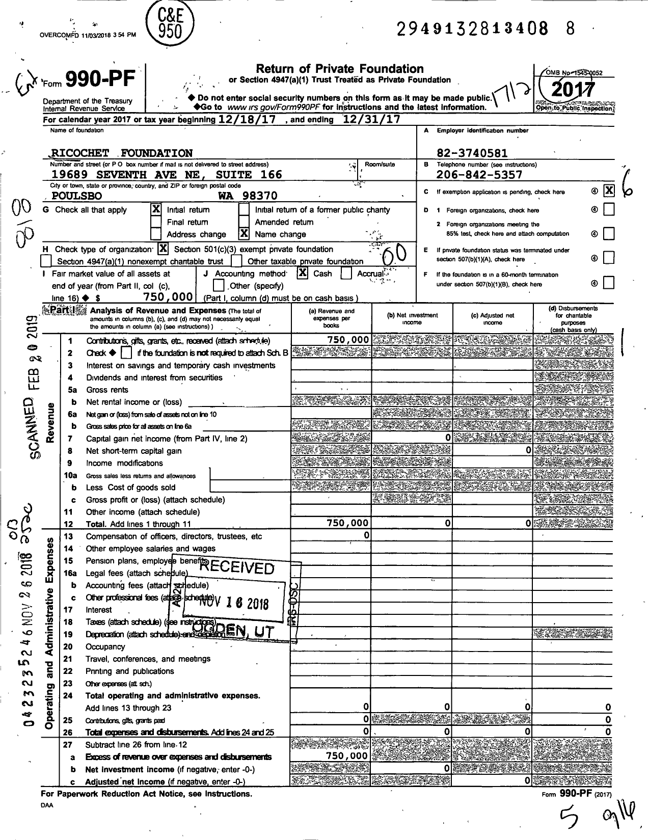 Image of first page of 2017 Form 990PF for Ricochet Foundation