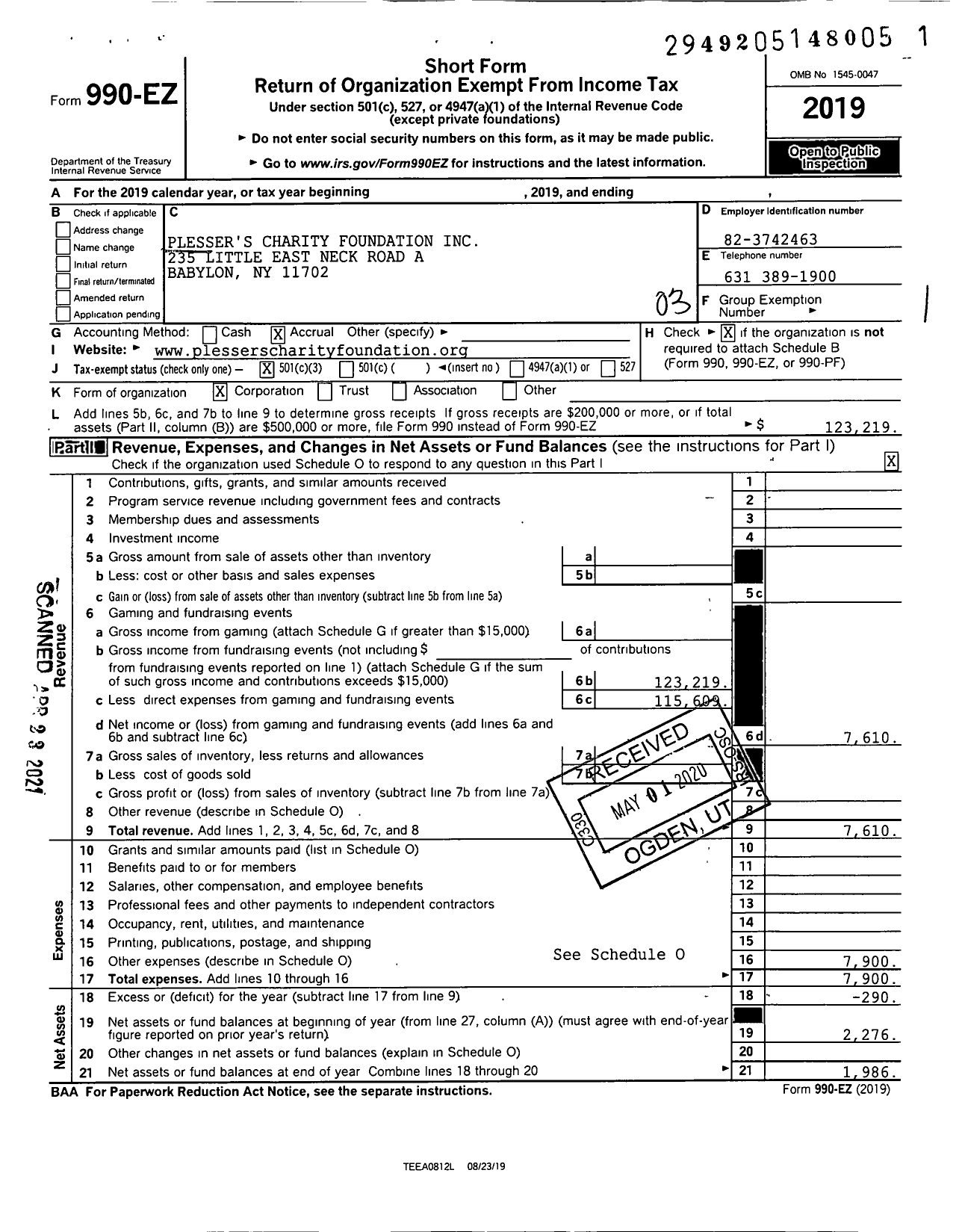 Image of first page of 2019 Form 990EZ for Plessers Charity Foundation