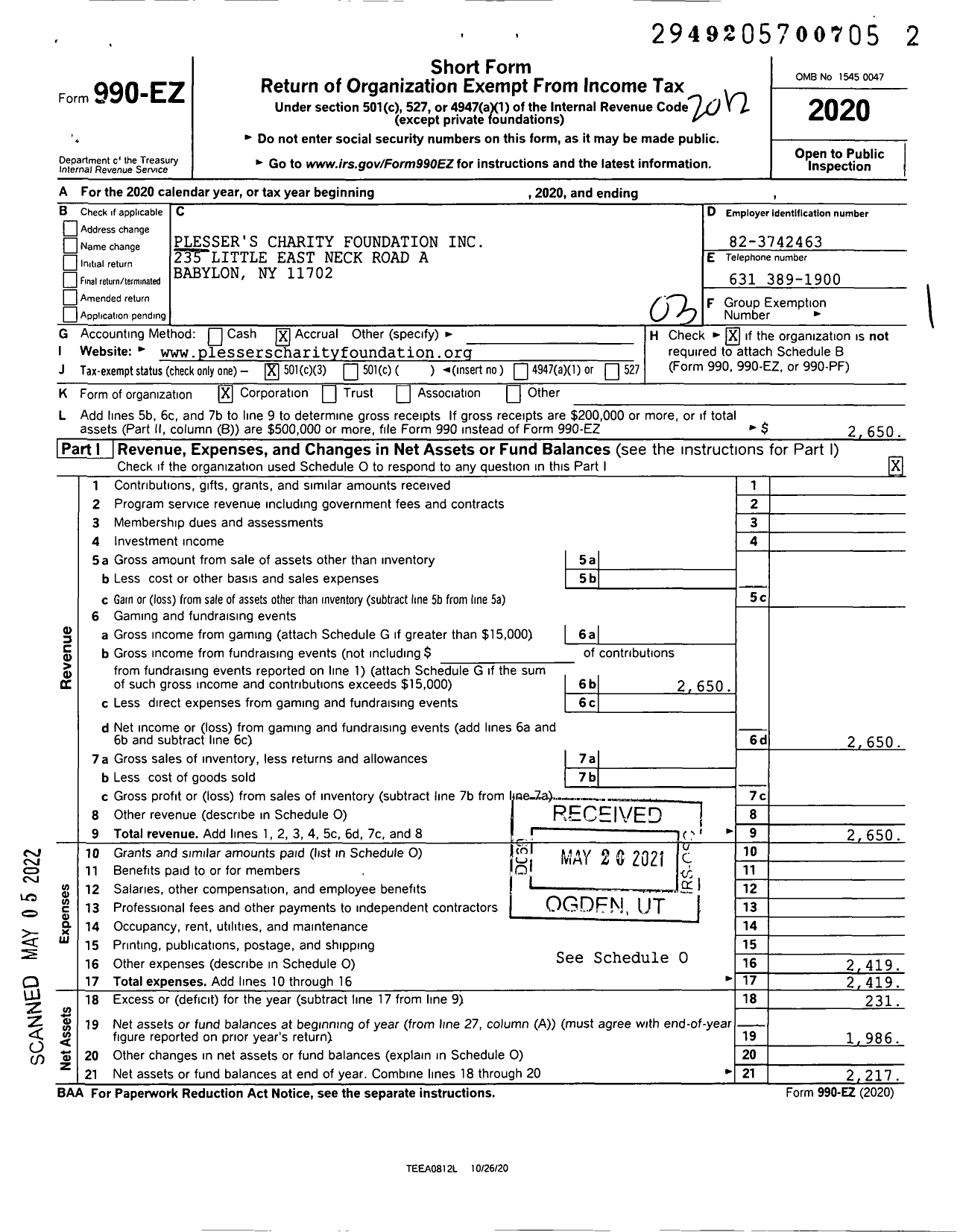 Image of first page of 2020 Form 990EZ for Plessers Charity Foundation