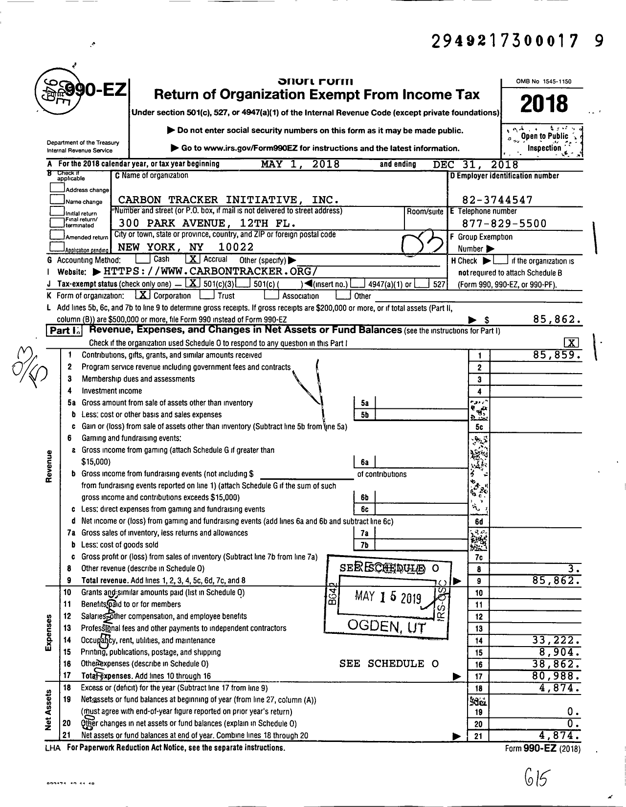 Image of first page of 2018 Form 990EZ for Carbon Tracker Initiative