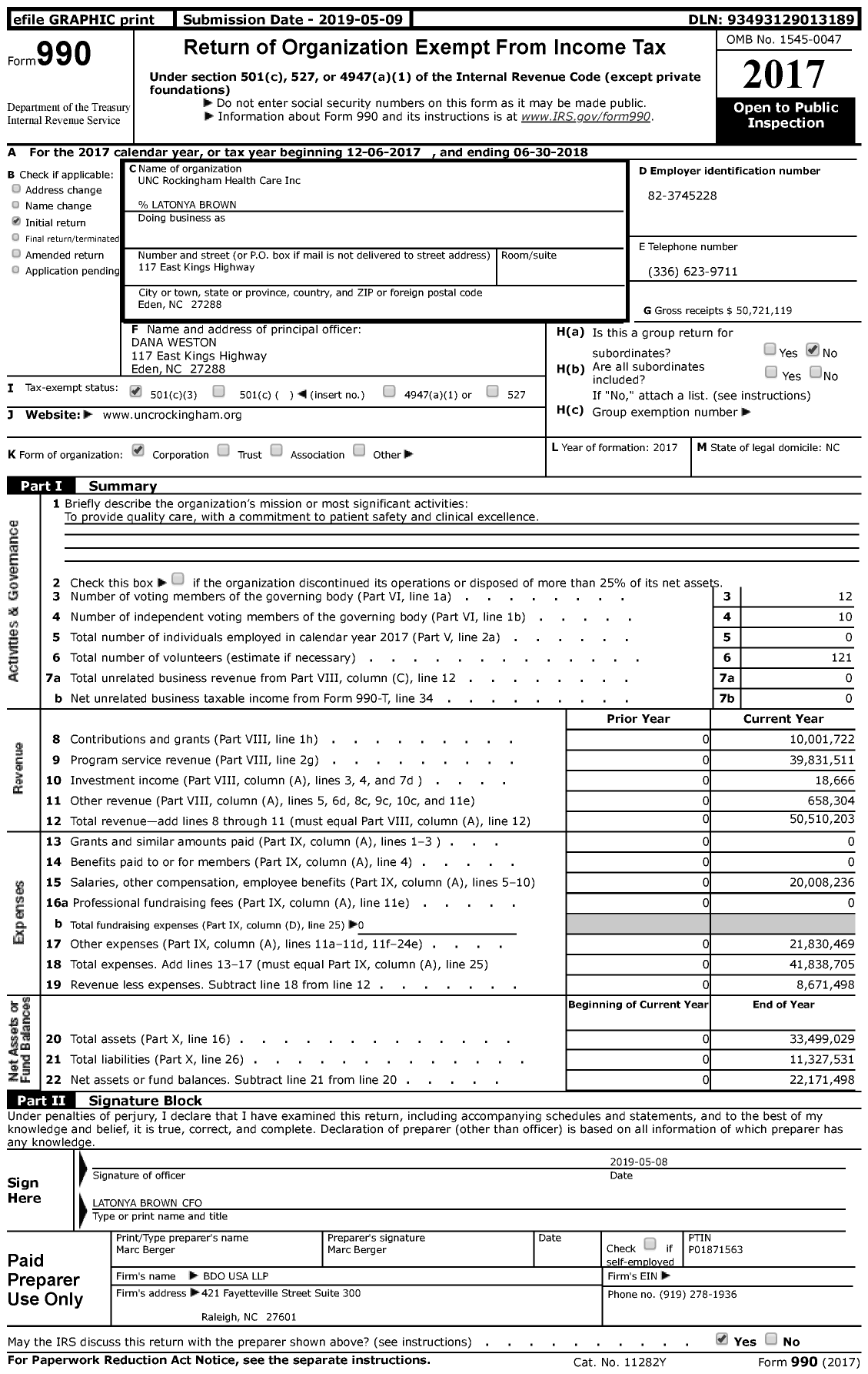 Image of first page of 2017 Form 990 for UNC Rockingham Health Care