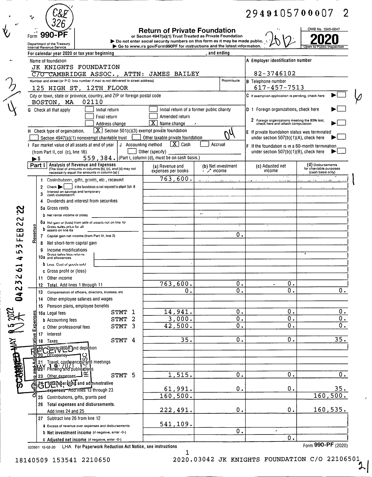 Image of first page of 2020 Form 990PF for JK Knights Foundation