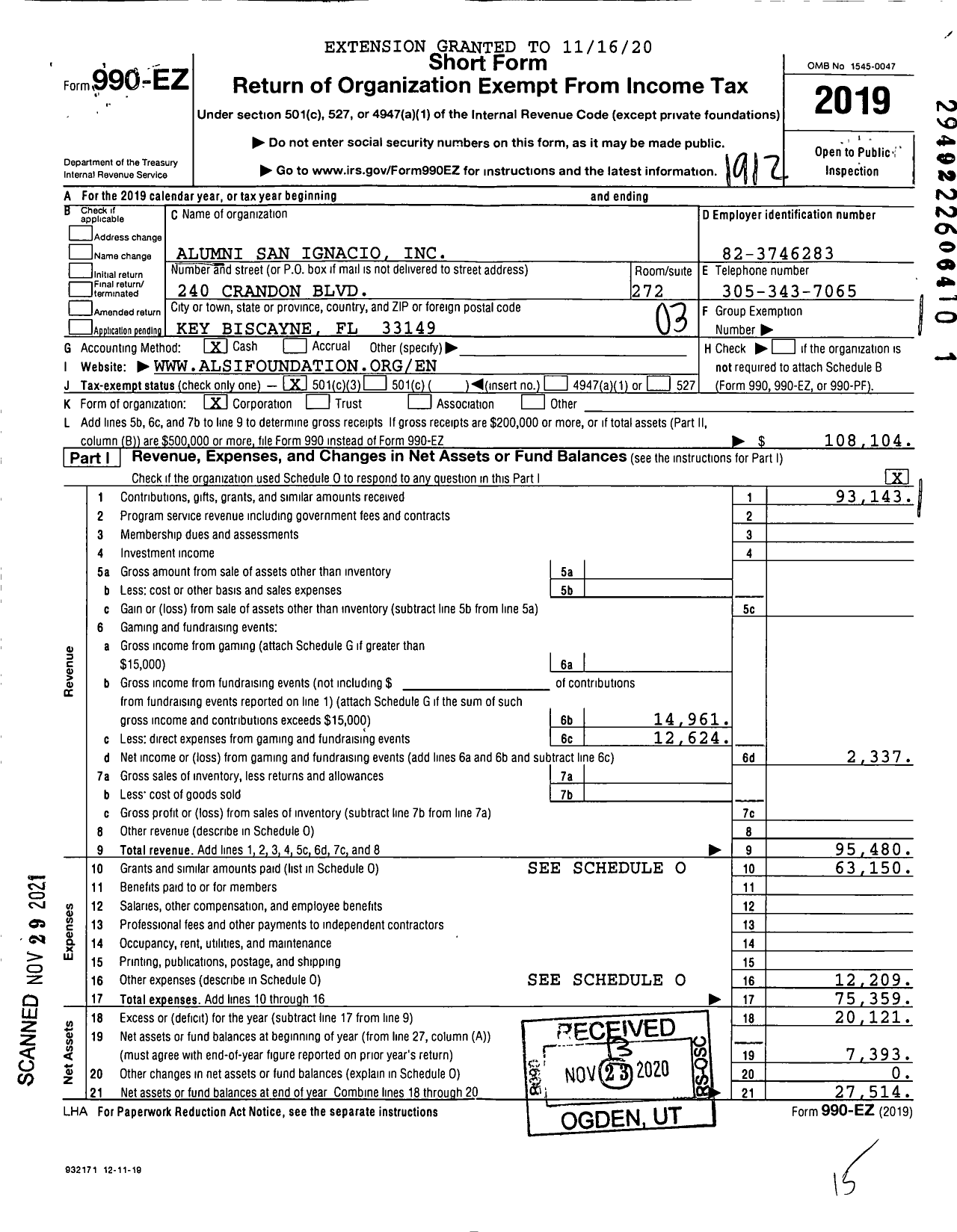 Image of first page of 2019 Form 990EZ for Alumni San Ignacio (ALSI)