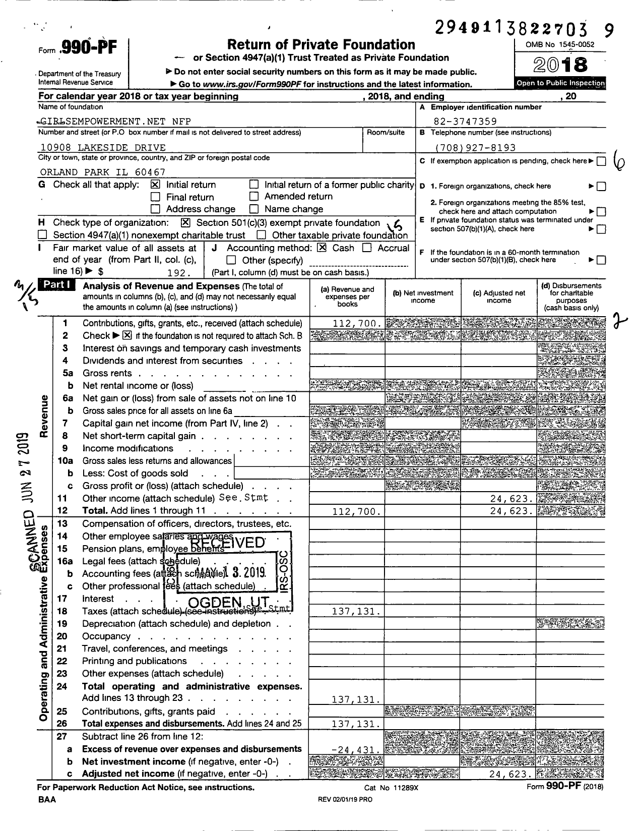 Image of first page of 2018 Form 990PF for Girlsempowermentnet NFP