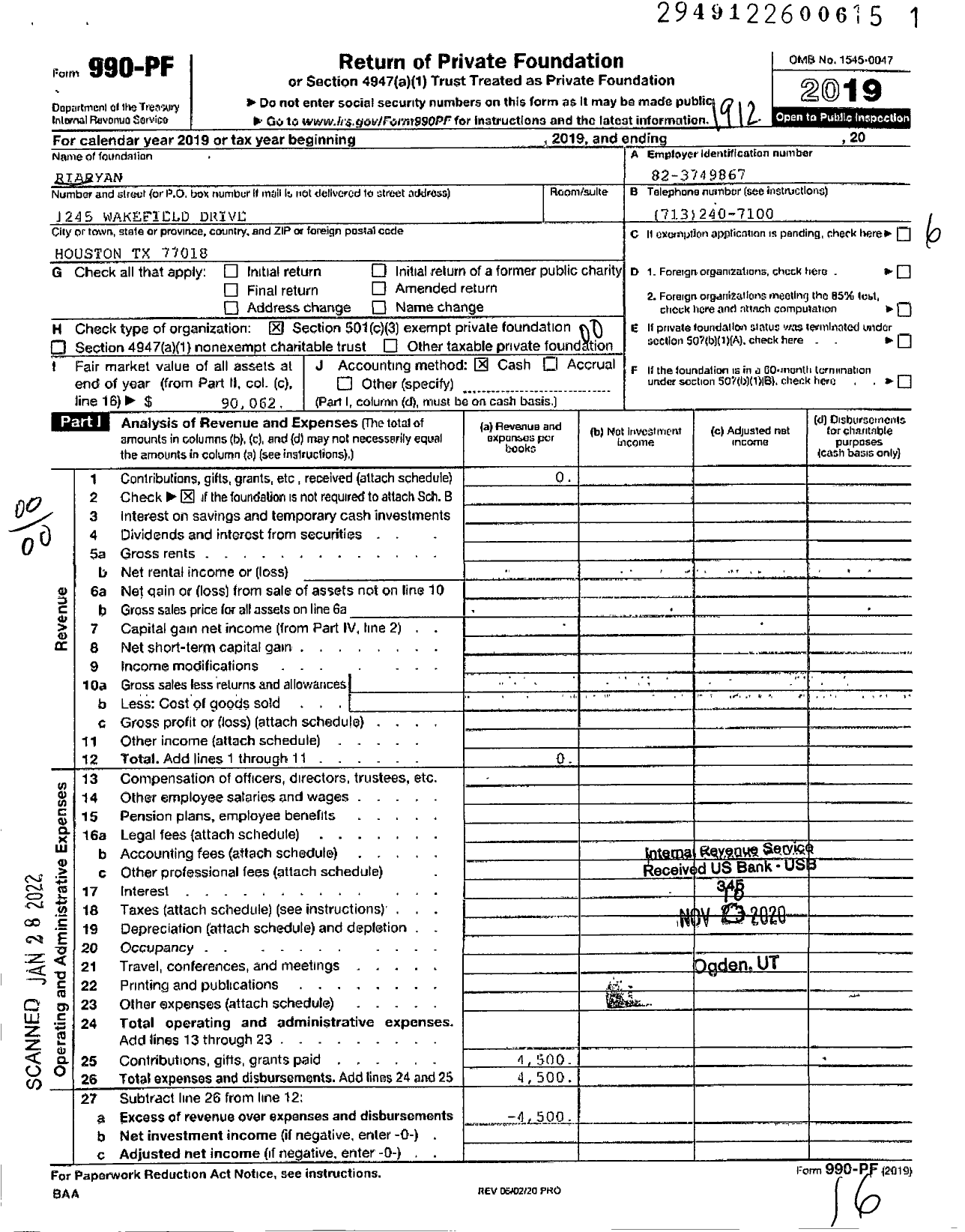 Image of first page of 2019 Form 990PF for Riaryan